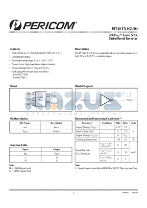 PI74STX1GU04 datasheet - Unbuffered Inverter That Operates over the 1.65V to 5.5V VCC operating range