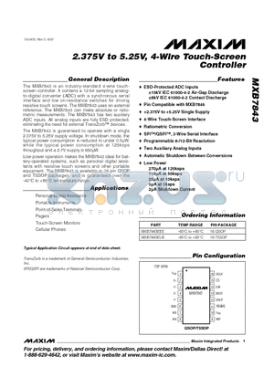 MXB7843 datasheet - 2.375V to 5.25V, 4-Wire Touch-Screen