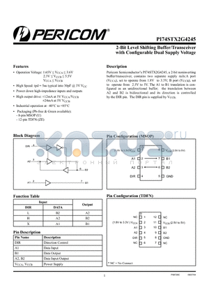 PI74STX2G4245UEX datasheet - 2-Bit Level Shifting Buffer/Transceiver with Configurable Dual Supply VoltageDIRB243A2B176