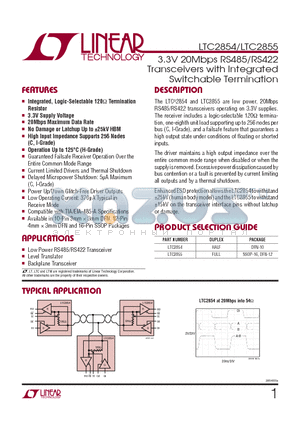 LTC2855 datasheet - 3.3V 20Mbps RS485/RS422 Transceivers with Integrated Switchable Termination