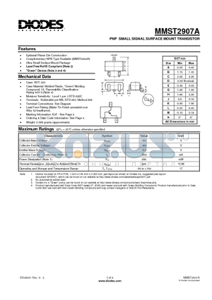 MMST2907A-7-F datasheet - PNP SMALL SIGNAL SURFACE MOUNT TRANSISTOR