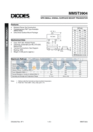 MMST3904 datasheet - NPN SMALL SIGNAL SURFACE MOUNT TRANSISTOR