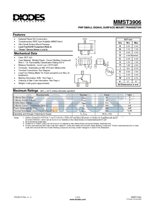 MMST3906-7-F datasheet - PNP SMALL SIGNAL SURFACE MOUNT TRANSISTOR