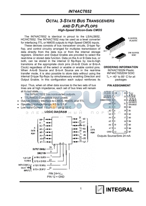 IN74ACT652N datasheet - OCTAL 3-STATE BUS TRANSCEIVERS AND D FLIP-FLOPS
