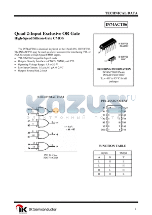 IN74ACT86 datasheet - Quad 2-Input Exclusive OR Gate