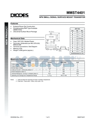 MMST4401 datasheet - NPN SMALL SIGNAL SURFACE MOUNT TRANSISTOR