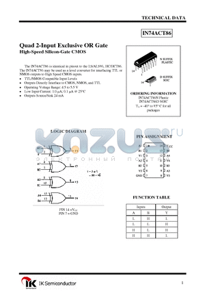 IN74ACT86N datasheet - Quad 2-Input Exclusive OR Gate
