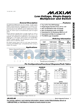 MAX4525 datasheet - Low-Voltage, Single-Supply Multiplexer and Switch