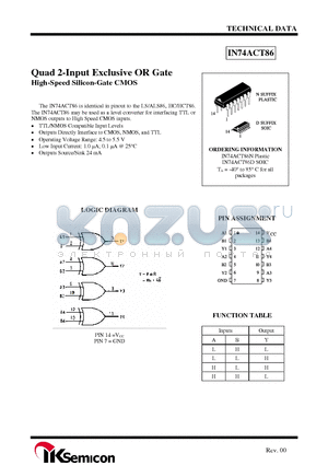 IN74ACT86N datasheet - Quad 2-Input Exclusive OR Gate High-Speed Silicon-Gate CMOS