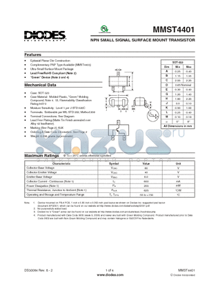 MMST4401 datasheet - NPN SMALL SIGNAL SURFACE MOUNT TRANSISTOR