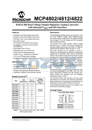 MCP4802 datasheet - 8/10/12-Bit Dual Voltage Output Digital-to-Analog Converter with Internal VREF and SPI Interface