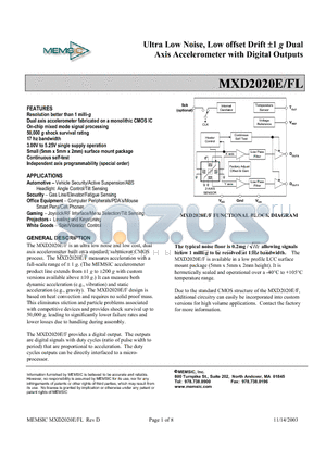 MXD2020EL datasheet - Ultra Low Noise, Low offset Drift 1g, -1g Dual Axis Accelerometer with Digital Outputs