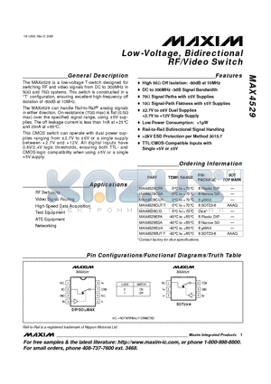 MAX4529CPA datasheet - Low-Voltage, Bidirectional RF/Video Switch