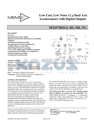 MXD7202HL datasheet - Low Cost, Low Noise a2 g Dual Axis Accelerometer with Digital Outputs