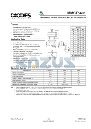 MMST5401-7-F datasheet - PNP SMALL SIGNAL SURFACE MOUNT TRANSISTOR