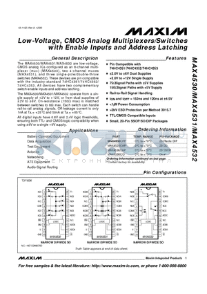 MAX4530-MAX4532 datasheet - Low-Voltage, CMOS Analog Multiplexers/Switches with Enable Inputs and Address Latching