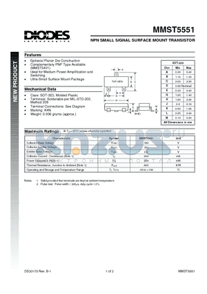 MMST5551 datasheet - NPN SMALL SIGNAL SURFACE MOUNT TRANSISTOR