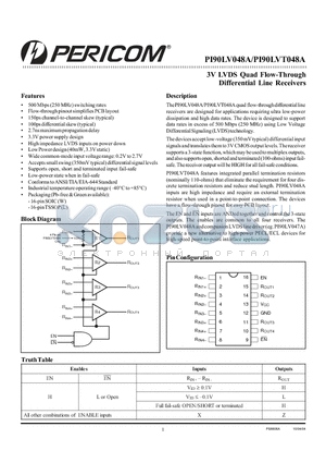 PI90LV048A datasheet - 3V LVDS Quad Flow-Through Differential Line Receivers