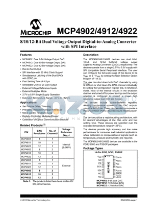 MCP4922 datasheet - 8/10/12-Bit Dual Voltage Output Digital-to-Analog Converter with SPI Interface