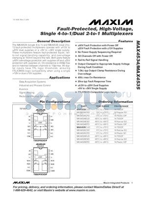 MAX4535 datasheet - Fault-Protected, High-Voltage, Single 4-to-1/Dual 2-to-1 Multiplexers