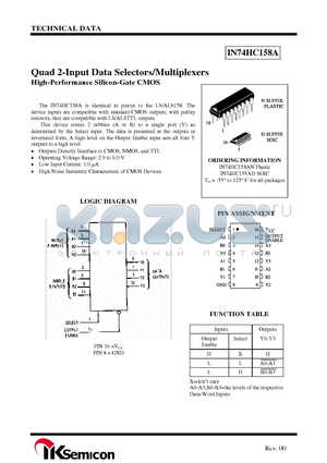 IN74HC158AN datasheet - Quad 2-Input Data Selectors/Multiplexers High-Performance Silicon-Gate CMOS