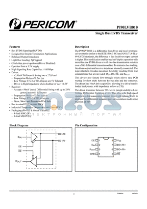 PI90LVB010U datasheet - Single Bus LVDS Transceiver