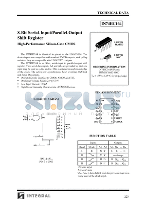 IN74HC164N datasheet - 8-Bit Serial-Input/Parallel-Output Shift Register, High-Performance Silicon-Gate CMOS