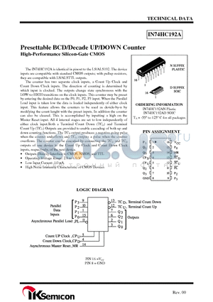 IN74HC192AD datasheet - Presettable BCD/Decade UP/DOWN Counter High-Performance Silicon-Gate CMOS