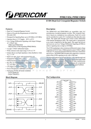 PI90LVB024QE datasheet - LVDS Dual 2x2 Crosspoint/Repeater Switch