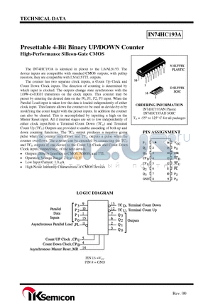 IN74HC193A datasheet - Presettable 4-Bit Binary UP/DOWN Counter High-Performance Silicon-Gate CMOS