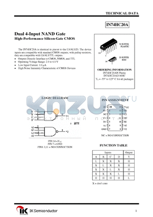 IN74HC20A datasheet - Dual 4-Input NAND Gate High-Performance Silicon-Gate CMOS