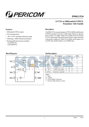 PI90LVP10W datasheet - LVTTL to Differential LVPECL Translator with Enable
