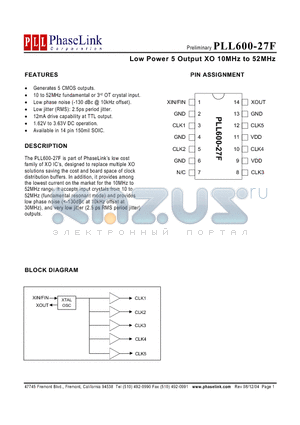 P600-27FSC datasheet - Low Power 5 Output XO 10MHz to 52MHz
