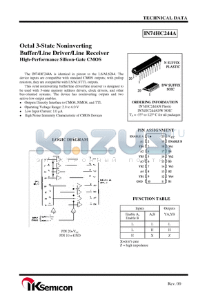 IN74HC244ADW datasheet - Octal 3-State Noninverting Buffer/Line Driver/Line Receiver High-Performance Silicon-Gate CMOS