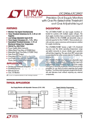 LTC2907CTS8 datasheet - Precision Dual Supply Monitors with One Pin-Selectable Threshold and One Adjustable Input