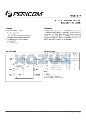 PI90LVP10UE datasheet - LVTTL to Differential LVPECL Translator with Enable