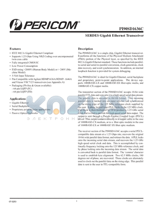 PI90SD1636CFC datasheet - SERDES Gigabit Ethernet Transceiver