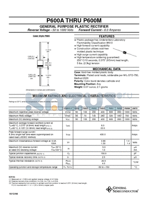 P600A datasheet - GENERAL PURPOSE PLASTIC RECTIFIER