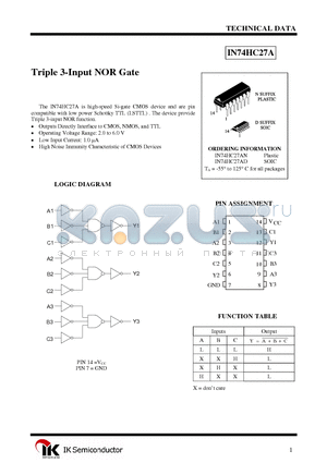 IN74HC27AD datasheet - Triple 3-Input NOR Gate