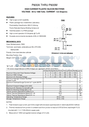 P600A datasheet - HIGH CURRENT PLASTIC SILICON RECTIFIER