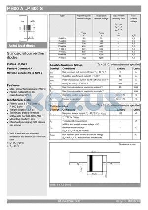 P600A datasheet - Standard silicon rectifier diodes