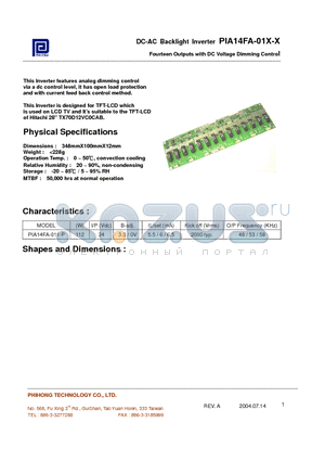 PIA14FA-011-P datasheet - Fourteen Outputs with DC Voltage Dimming Control
