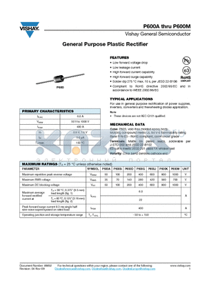 P600A datasheet - General Purpose Plastic Rectifier