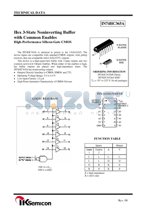 IN74HC365AN datasheet - Hex 3-State Noninverting Buffer with Common Enables High-Performance Silicon-Gate CMOS