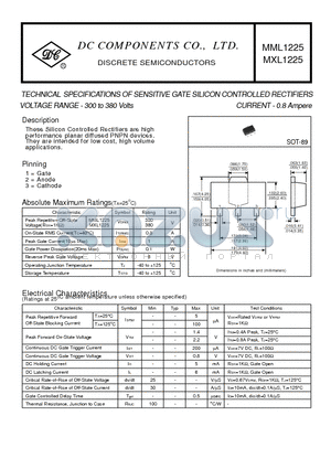 MXL1225 datasheet - TECHNICAL SPECIFICATIONS OF SENSITIVE GATE SILICON CONTROLLED RECTIFIERS VOLTAGE RANGE - 300 to 380 Volts
