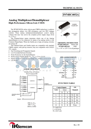 IN74HC4052AN datasheet - Analog Multiplexer/Demultiplexer High-Performance Silicon-Gate CMOS