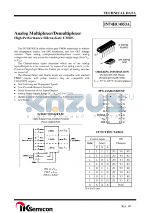 IN74HC4053ADW datasheet - Analog Multiplexer/Demultiplexer High-Performance Silicon-Gate CMOS