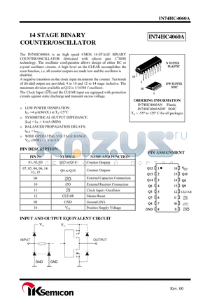 IN74HC4060A datasheet - 14 STAGE BINARY COUNTER/OSCILLATOR