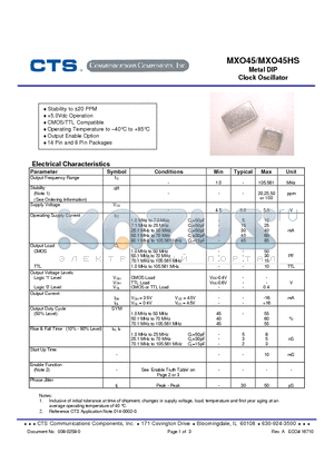 MXO45HS datasheet - Metal DIP Clock Oscillator