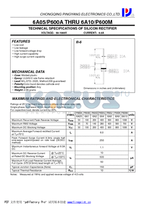 P600D-6A2 datasheet - TECHNICAL SPECIFICATIONS OF SILICON RECTIFIER